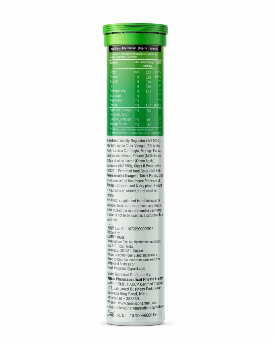 ACV Moringa with Garcinia Cambogia | For Supports Weight Loss, Control Cravings, Convert Fat Into Energy, Boost Energy & Immunaity - 15 Effervescent Tablet