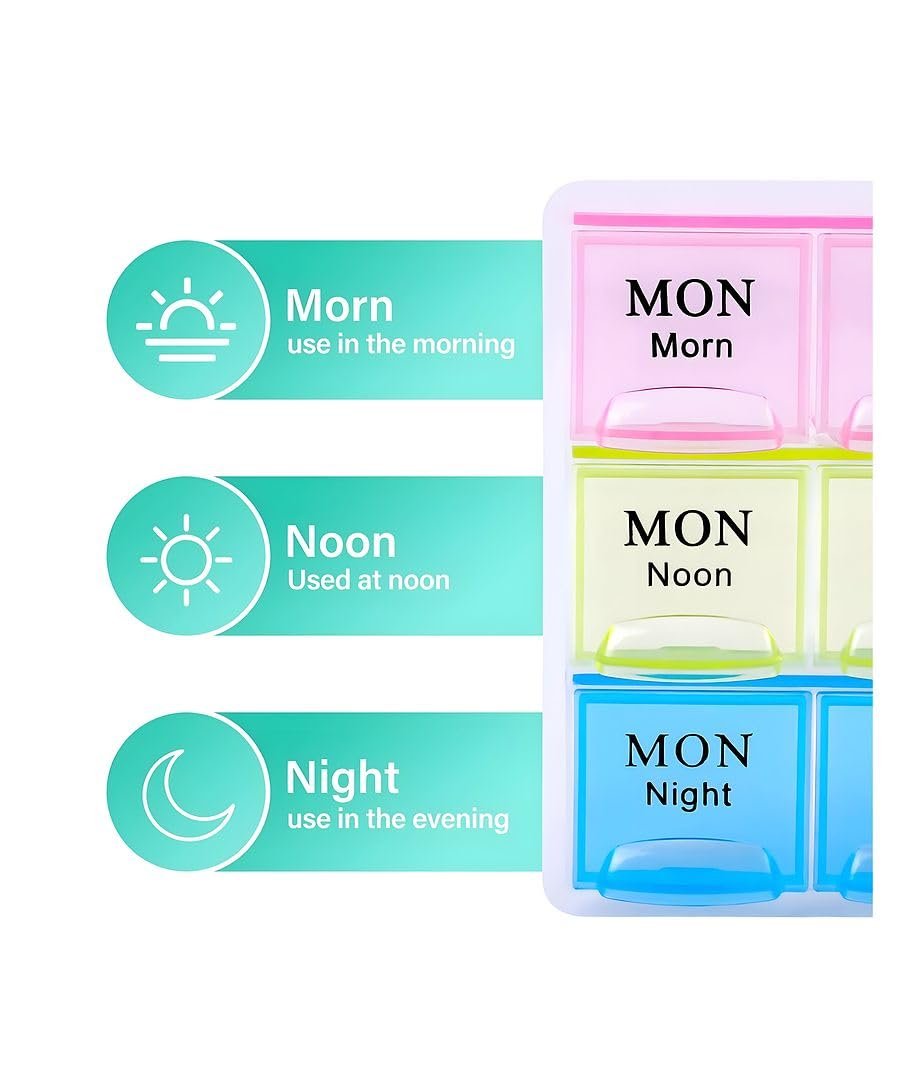 BPA Free Plastic Weekly Pill Organizer | 21 Large Compartments | Moisture Resistant Storage | Three Times Daily Layout | Medicines, Vitamins & Supplements | Multicolor | Pack of 1