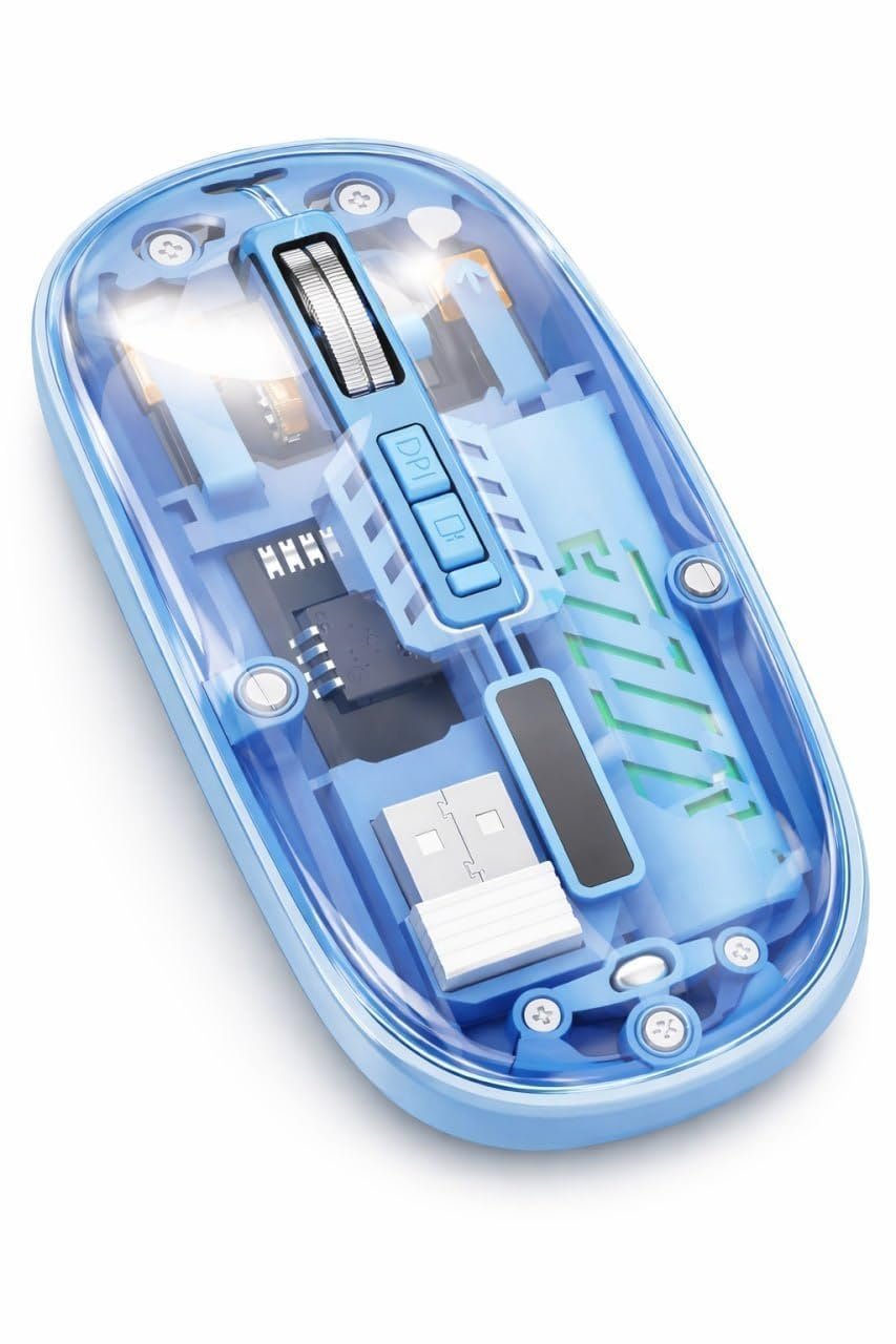 Transparent Wireless Rechargeable Mouse, 2.4GHz USB Optical Mouse with Adjustable DPI, Silent Click, Ergonomic Portable Computer Mouse for Laptop, PC, MacBook, Windows & Mac