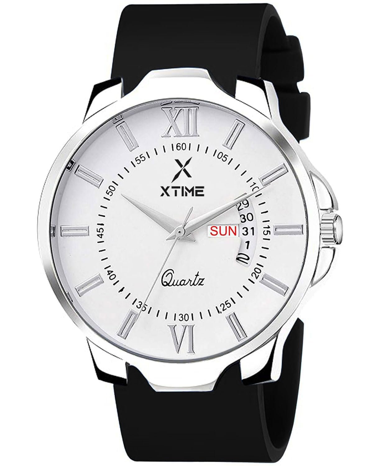 XTIME Analogue Day & Date Wrist Watch Round Dial & Black Softest Silicone Strap for Men's & Boys