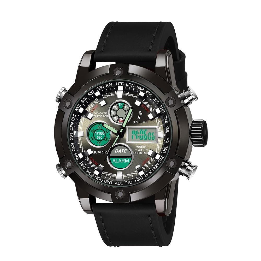 Sylvi Iconic Leather Strap Watches for Men with Analog Digital Display Alarm Stopwatch Water Resistant Watch