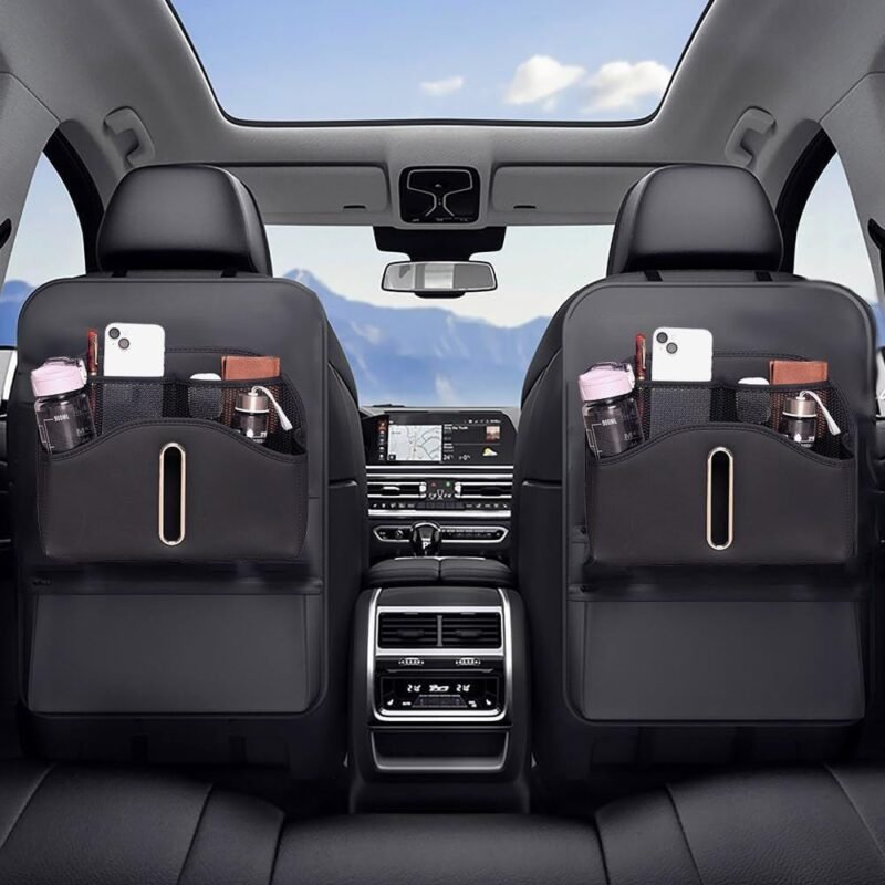 Car Headrest Backseat Organizer with Cup Holder, Tissue Box, Storage for Drinks, Bottles, Wallets, Cards, and Coasters – Multi-Functional Car Seat Organizer (Backseat Organizer Leather)