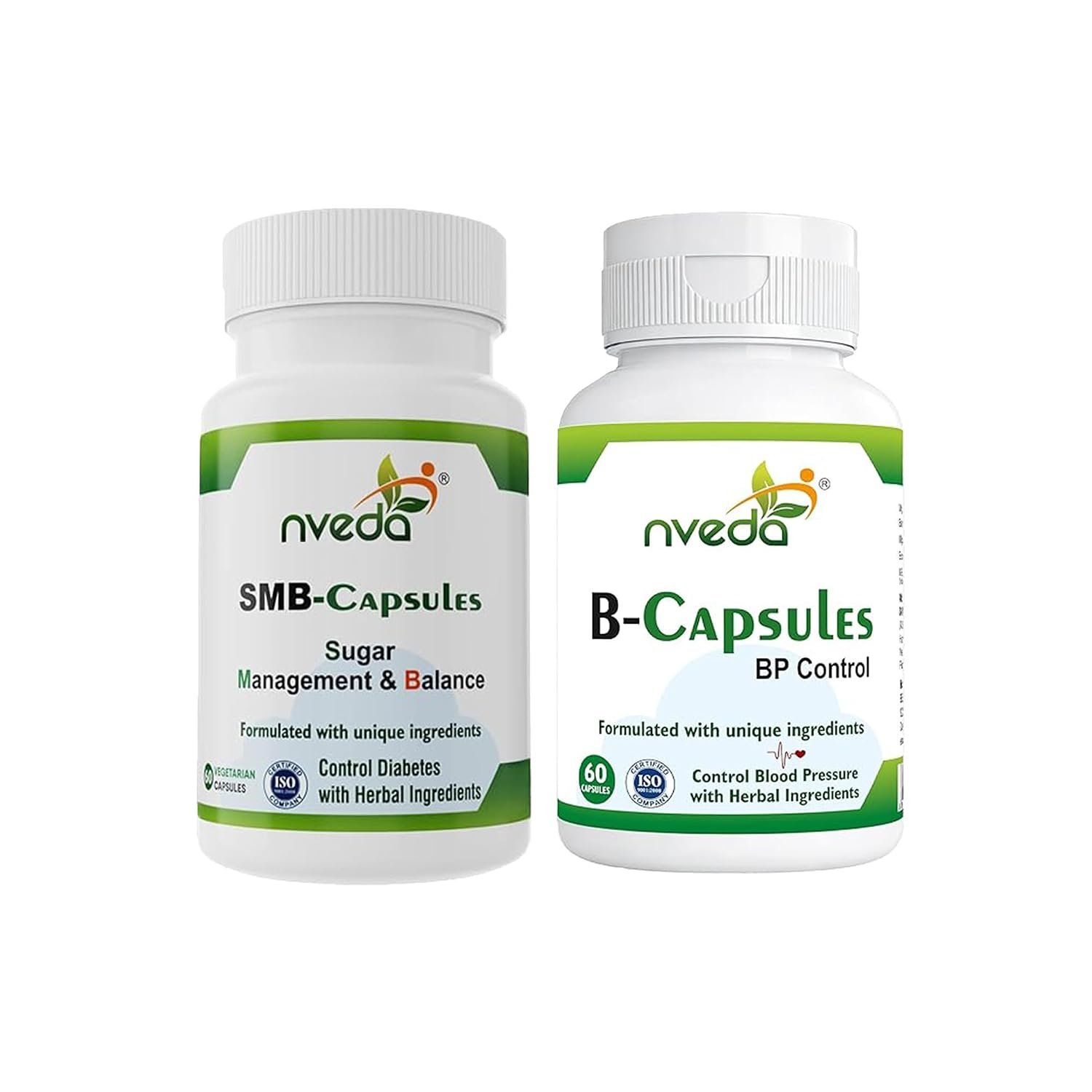 Nveda Blood Pressure & Blood Sugar Support Combo | Ayurvedic Herbal Formula for Heart Health & Glucose Balance | 60 Capsules Each