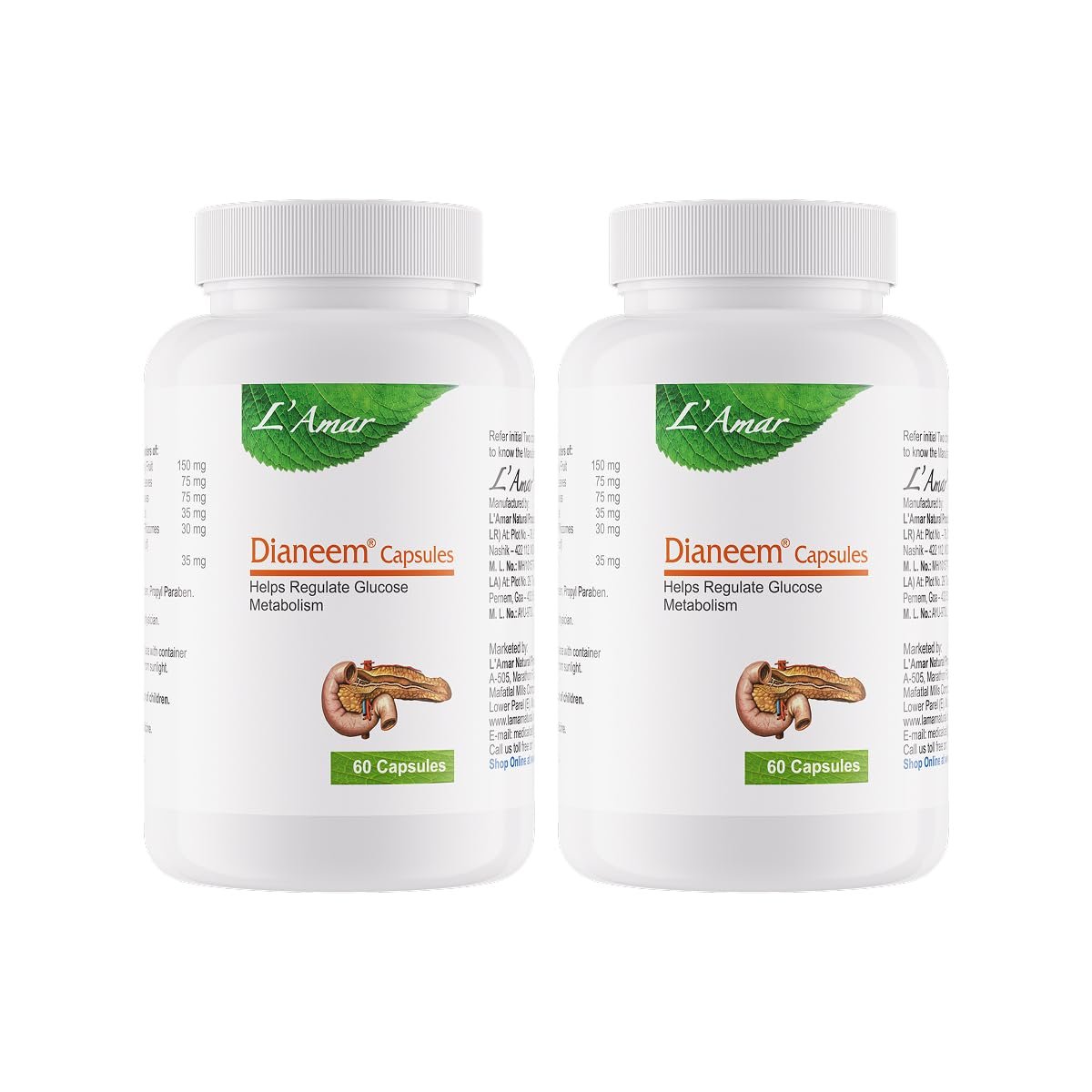 L'Amar Dianeem Ayurvedic Capsules for Blood Sugar & Metabolic Wellness Support | Herbal Formula with Neem | Supports Healthy Glucose Metabolism & Overall Wellness | 60 Capsules (Pack of 2)