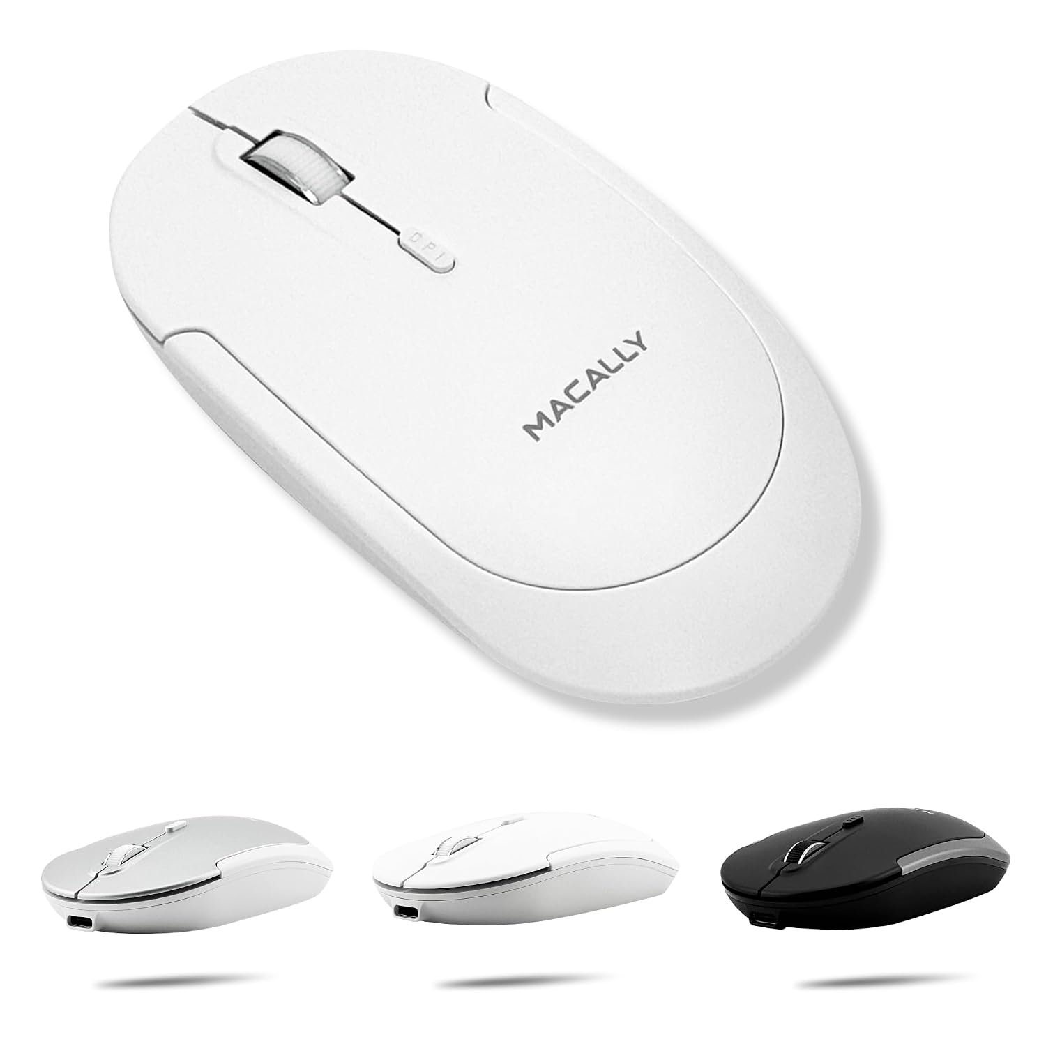 Macally Wireless Bluetooth Mouse for Mac, MacBook Pro/Air, iPad, and PC - Quiet Click and Comfortable Wireless Mouse - Compatible Apple Mouse Wireless with DPI 800/1200/1600 - White Wireless Mouse
