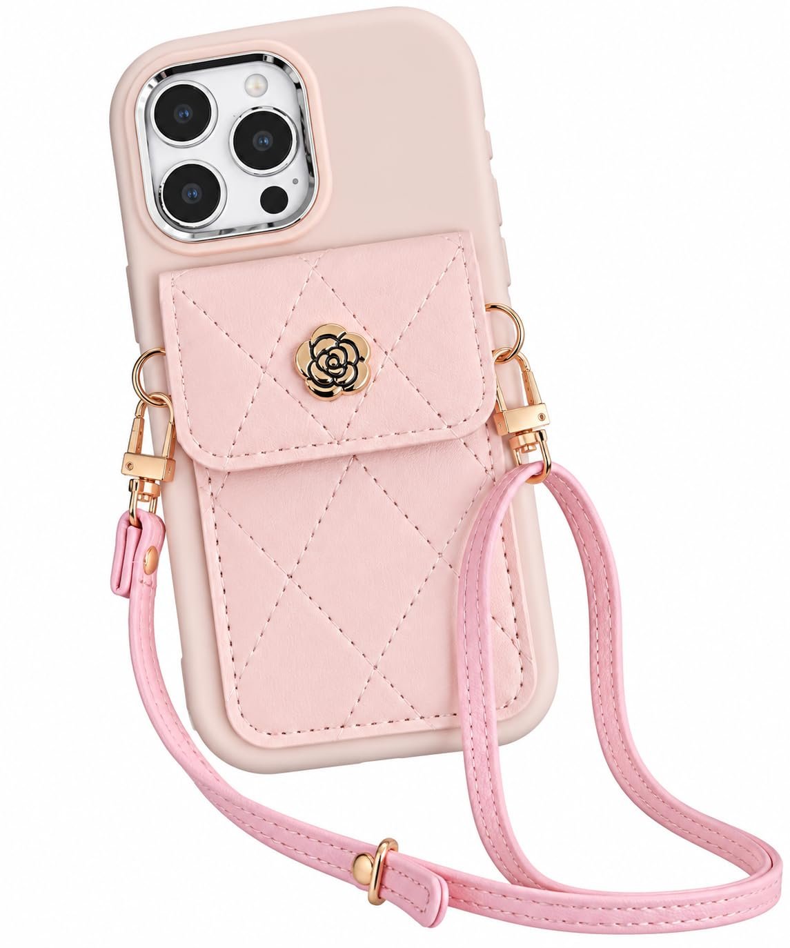 SPARKUP iPhone Cover with Quilted Card Holder Wallet & Crossbody Strap | Soft Silicone Protective Back Case | Detachable Shoulder Lanyard Stylish Phone Cover for Girls & Women (iPhone 12 Pro)