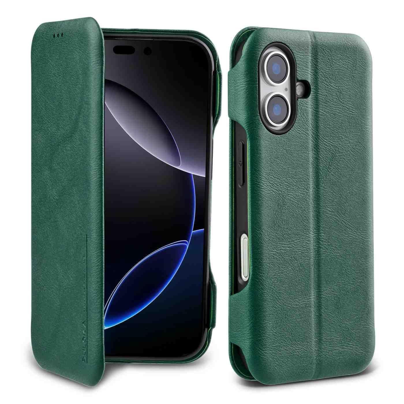 PULOKA PU Leather Flip Cover Compatible with iPhone 17 – Wallet Case with Card Slot, Magnetic Closure & Kickstand Stand Function (Green)
