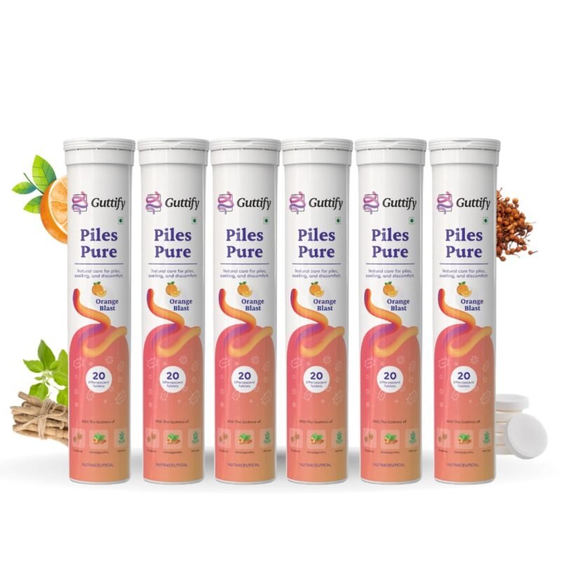 Piles Pure Orange Blast Effervescent Tablets with Nagkesar, Ashwagandha and Moringa for Piles Relief, Hemorrhoid Comfort, Swelling Ease, Gut Calmness and Routine Comfort | 20 Tablets x Pack of 6
