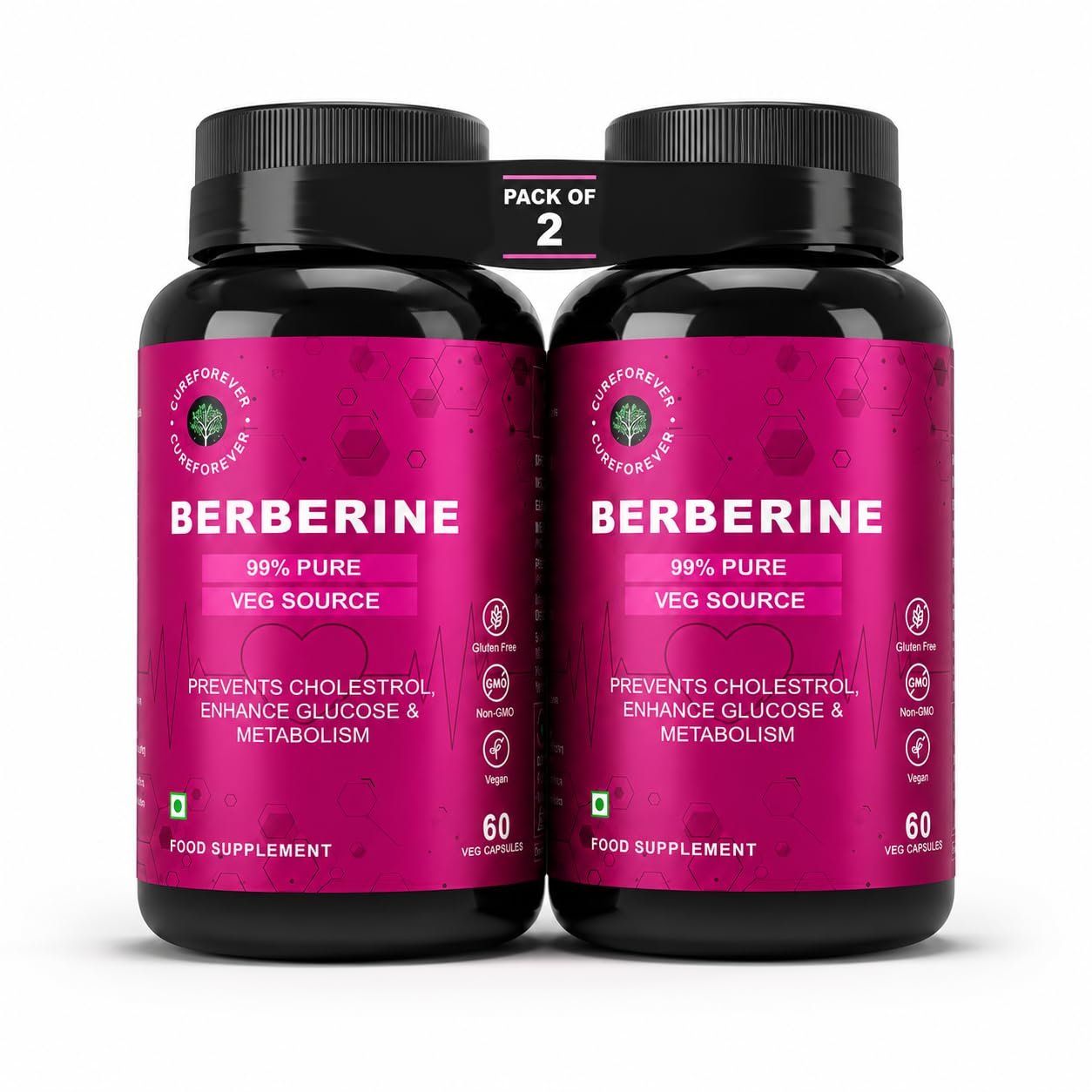 CUREFOREVER Berberine 99% Pure 1000mg Capsules | High Potency Berberine HCL Supplement for Healthy Blood Sugar Levels, Insulin Sensitivity, Metabolism & Weight Management Support | 120 Vegan Capsules