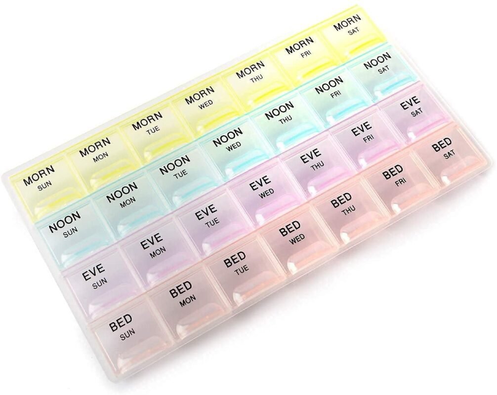 Pill Medicine Organizer Reminder Storage Box for 28 Days / 4 Weeks | Portable Plastic Medicine Box with Daily Compartments | Tablet & Capsule Storage Container (Pack of 1)