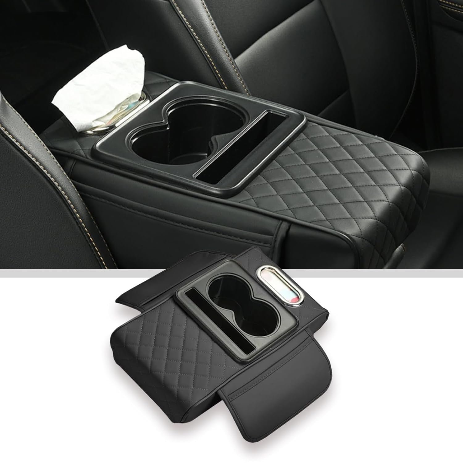 Car Center Console Armrest Organizer with Cup Holder & Tissue Box - Quilted Leatherette Car Seat Gap Storage Console with Mobile Phone Slot for SUV, Sedan, Hatchback Interior Accessories
