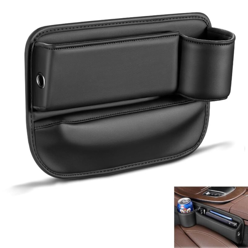 Car Leather Cup Holder Gap Bag,Car Seat Gap Filler Organizer,Seat Gap Storage Box,Adjustable Car Seat Storage Box,Leather Car Seat Gap Organizer for Phones Glasses Keys Cards (1)