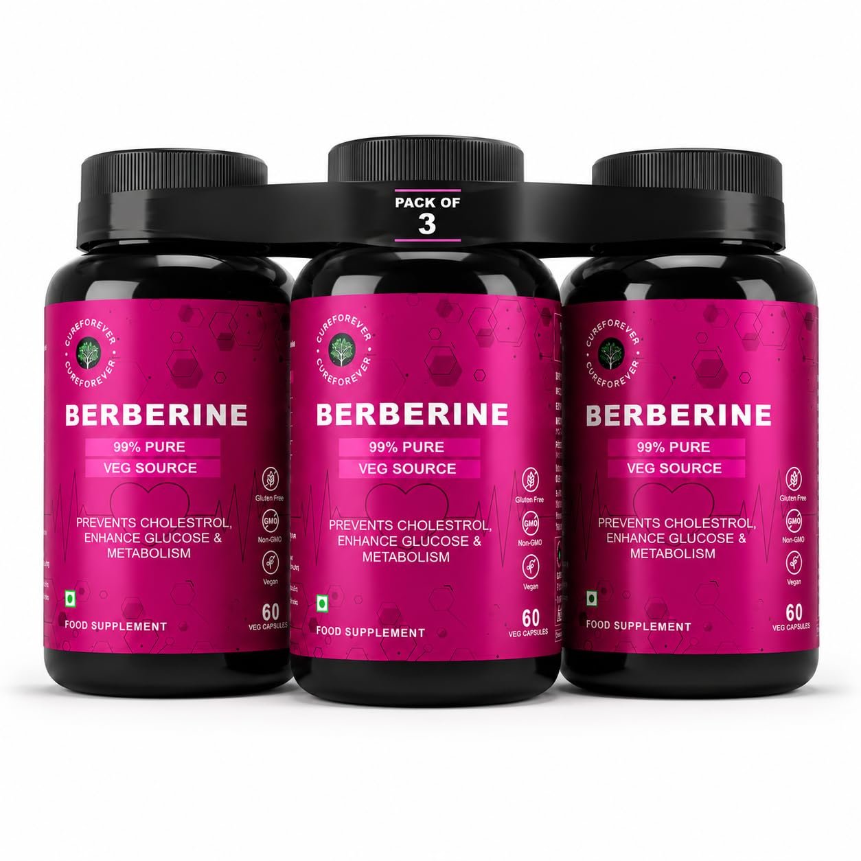 CUREFOREVER Berberine 99% Pure 1000mg Capsules | High Potency Berberine HCL Supplement for Healthy Blood Sugar Levels, Insulin Sensitivity, Metabolism & Weight Management Support | 180 Vegan Capsules