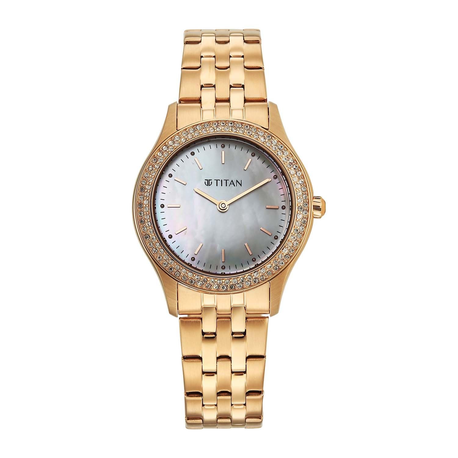 Titan Glamour Quartz Analog White Mother of Pearl Dial Rose Gold Stainless Steel Strap Watch for Women