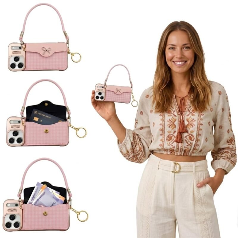 Phone Cover Crossbody Bag,Houndstooth Mini Purse with Card Holder Strap, Fashion Case for and I Phone Cover | Pink