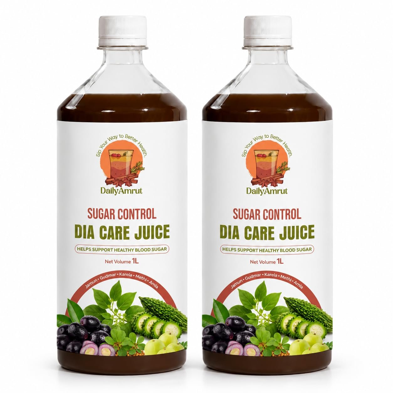 Daily Amrut Herbal DIA Care Juice Premium Ayurvedic Sugar Control Juice Blend with Jamun, Gudmar, Karela, Giloy, Tulsi & Cinnamon Natural Herbal Wellness Drink 1 Litre (A) pack of 2