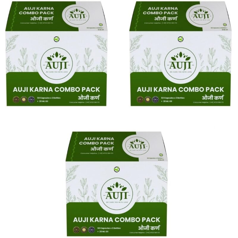 Auji Karna, the Herbal and Ayurvedic capsules & medicine for Tinnitus, Hearing Loss, Vertigo, Ear discharge, Chronic Ear pain, Ménière's disease (Auji Karna Combo Pack of 3)