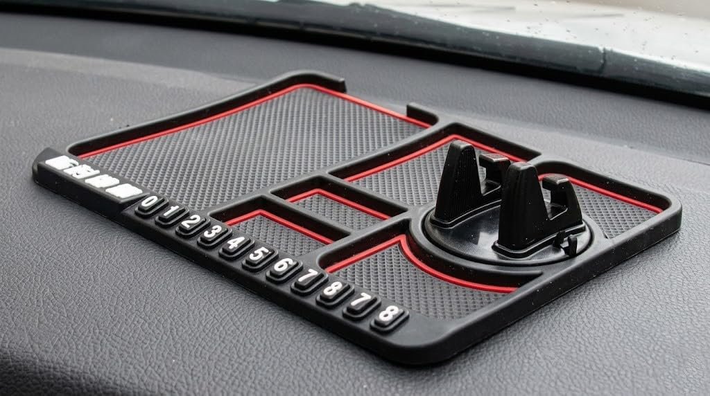 Anti-Slip Car Dashboard Mat Mobile Phone Holder with Phone Number || Silicone Interior Organizer Mobile Phone, Keys, Pen, Sunglasses, Cards Storage Rubber Pad (1 Pc - Multicolor)