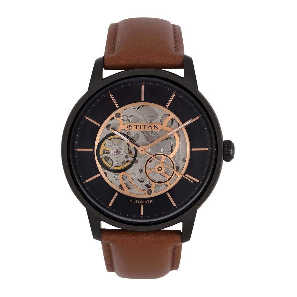 Titan Automatics Black Dial Tan Leather Strap Watch for Men - NT90110NL01