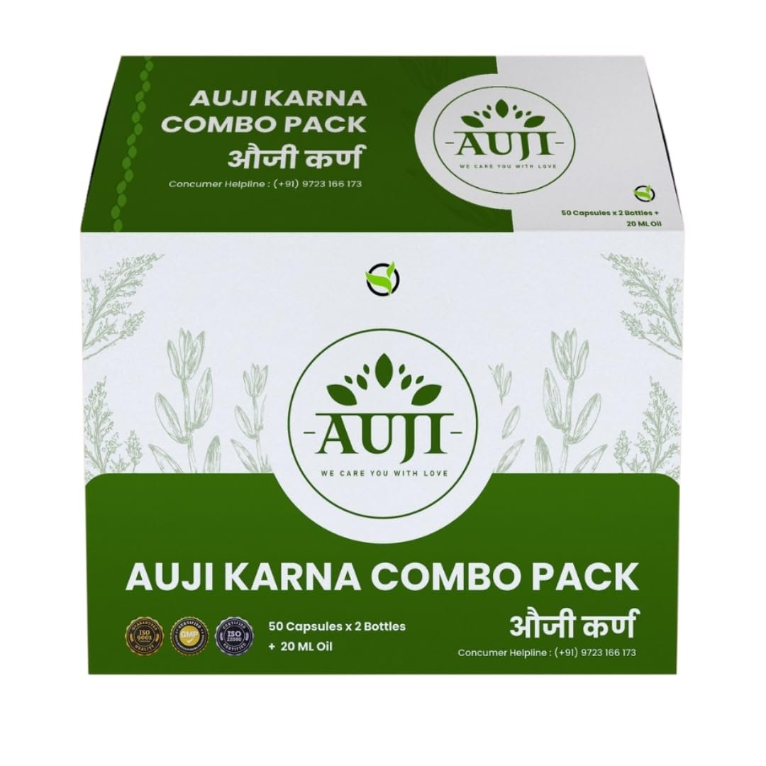 Auji Karna, the Herbal and Ayurvedic capsules & medicine for Tinnitus, Hearing Loss,Vertigo, Ear discharge, Chronic Ear pain, Ménière's disease (2 Bottles each 40 Capsules+Auji Karna Oil 20ml.)