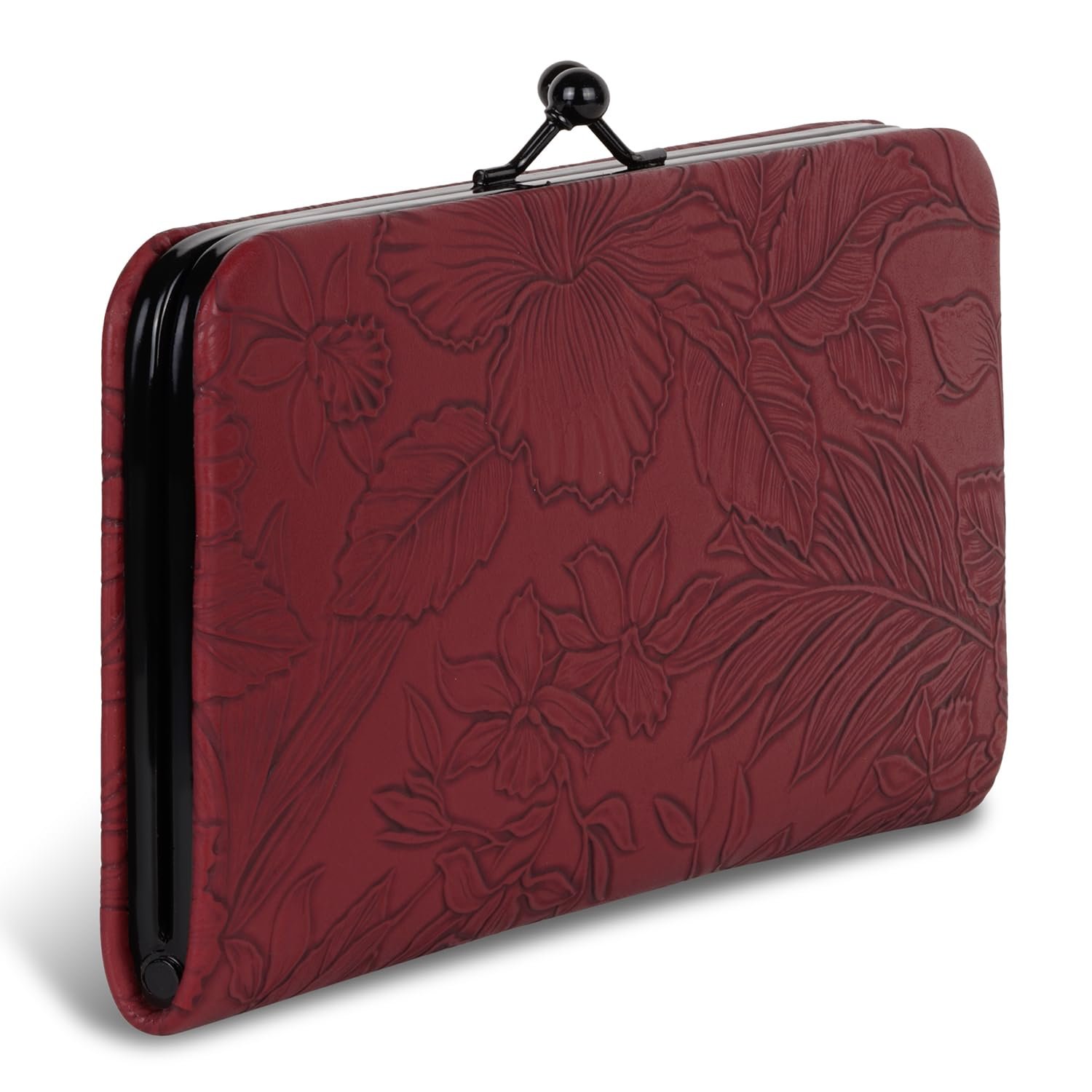 DOSYSO Women Faux Leather Wallet Stylish Latest Floral Flower Printed Clutches Mobile Phone Holder Card Slots Kiss Lock Zip Pocket Hand Clutch For Daily Use Gift Party Purse (Maroon)