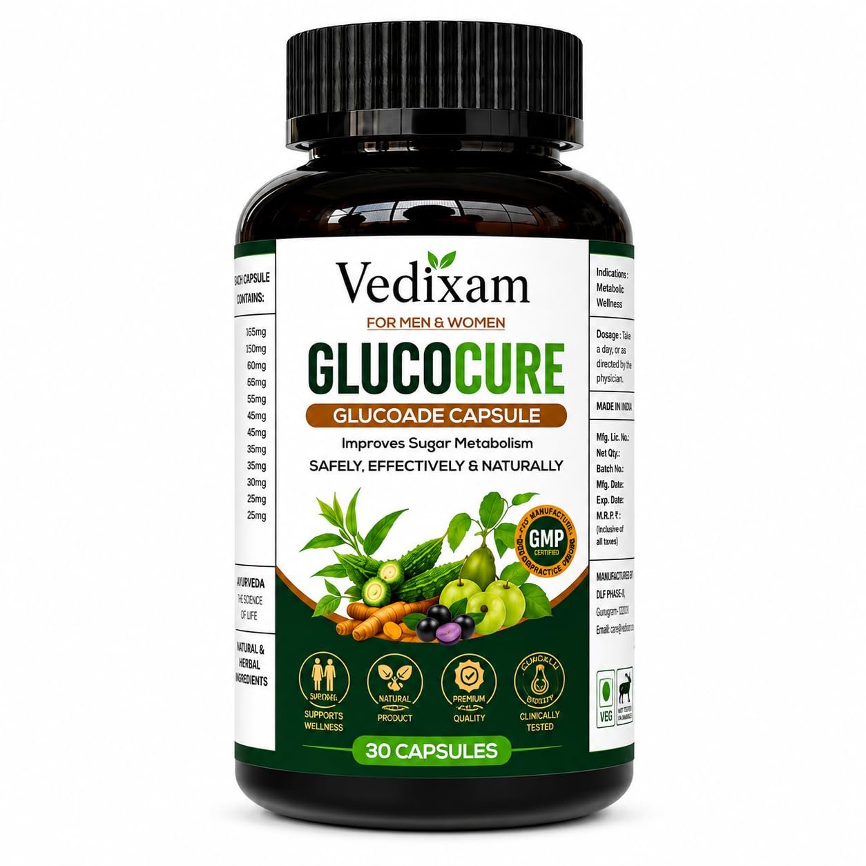 GLUCOCURE Improves Blood Sugar Metabolism Capsules, 30 Capsules.