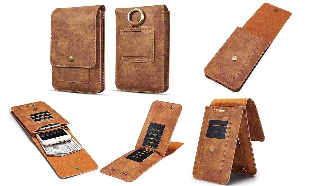 Universal Leather Holster Mobile Phone & Passport Wallet Vertical Waist Pack/Belt Bag with Card Holder Compatible with 6.8 Inch Mobile Phone - Brown