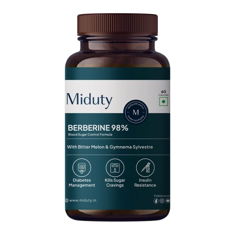 Miduty High Strength Berberine HCL 98% For Metabolism & Blood Sugar Control- Diabetic and Pre-Diabetic Care - Stop Sugar Cravings | 60 Veg Capsule