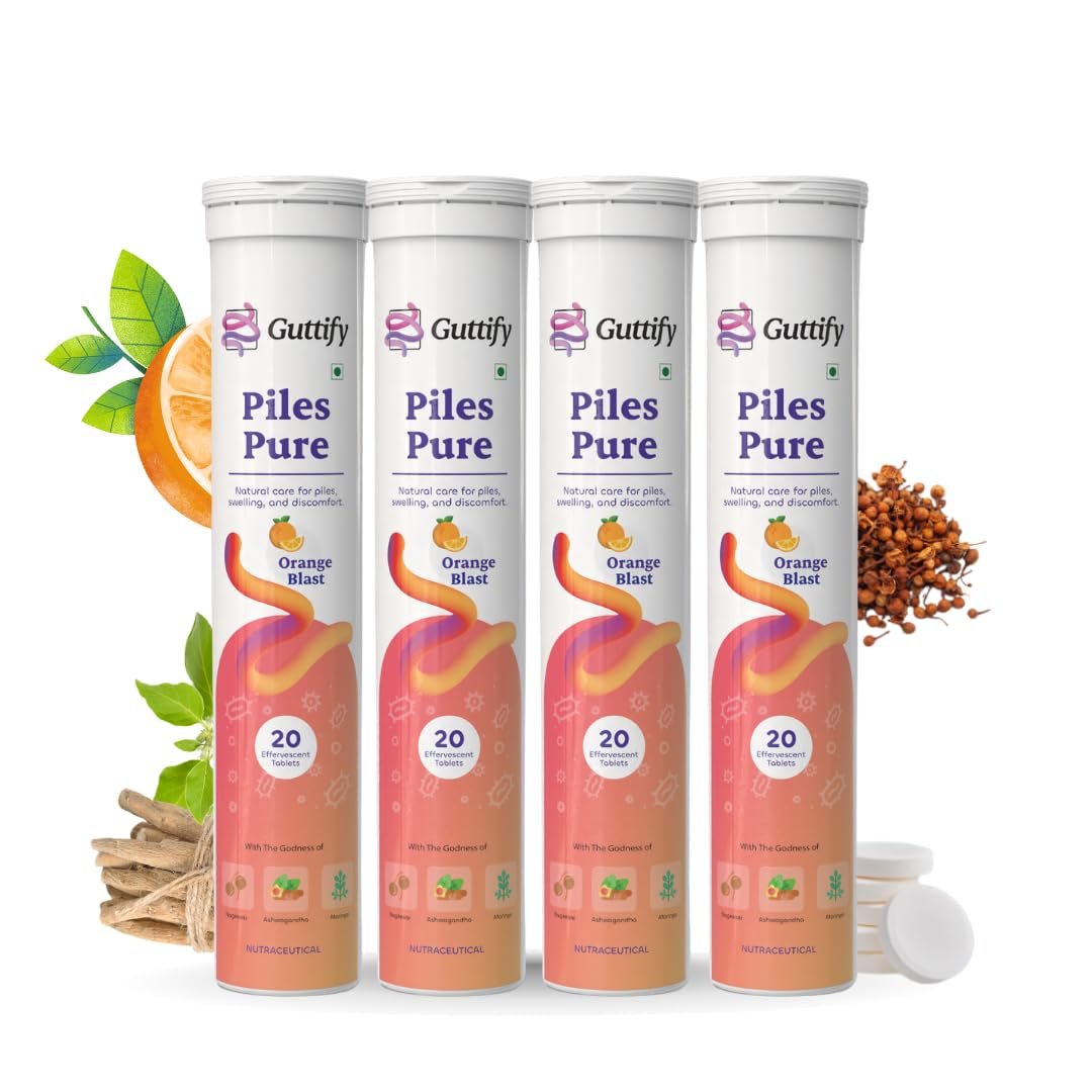 Piles Pure Orange Blast Effervescent Tablets with Nagkesar, Ashwagandha and Moringa for Piles Relief, Hemorrhoid Comfort, Swelling Ease, Gut Calmness and Routine Comfort | 20 Tablets x Pack of 4