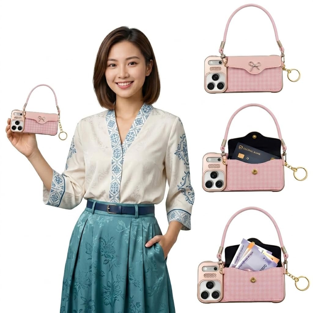 Phone Cover Wallet Crossbody Cover Houndstooth Mini Bag, I Phone 17 Pro Max Cover Case with Card Holder Strap for Women and Men | Pink