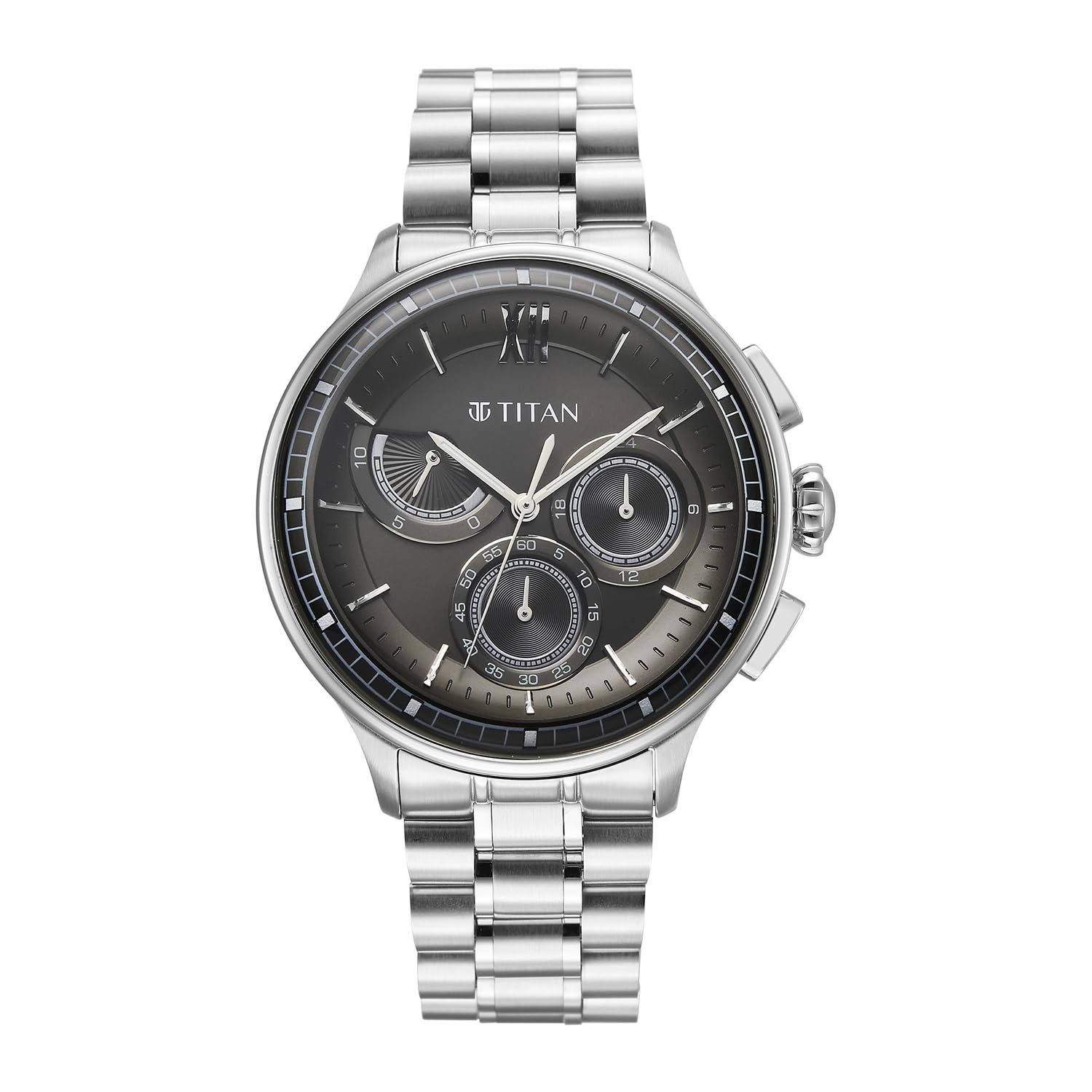 Titan Classique Half Cut Chronograph Quartz Analog with Black Dial Silver Stainless Steel Strap Watch for Men - 90218SM01