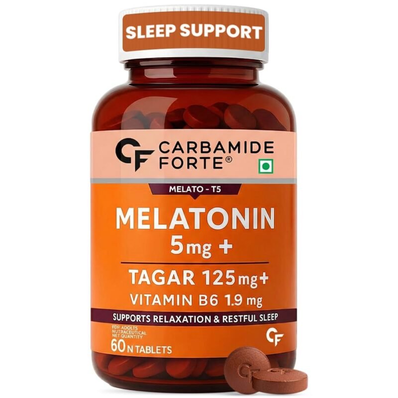 Carbamide Forte Melatonin 5mg Sleep Tablets – Sleeping Pills with 125mg Tagar & Vitamin B6 for Deep Sleep, Restful Nights, and Effective Sleep Dose | for Women & Men – 60 Veg Tablets