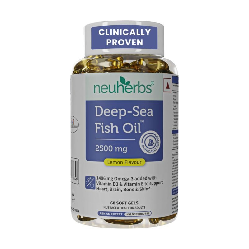 Neuherbs Deep Sea Omega 3 Fish Oil Capsules 2500mg Triple Strength - Supplement for Heart, Brain & Joint Support - No Fishy Burps, Lemon Flavour - 60 Softgels for Men & Women