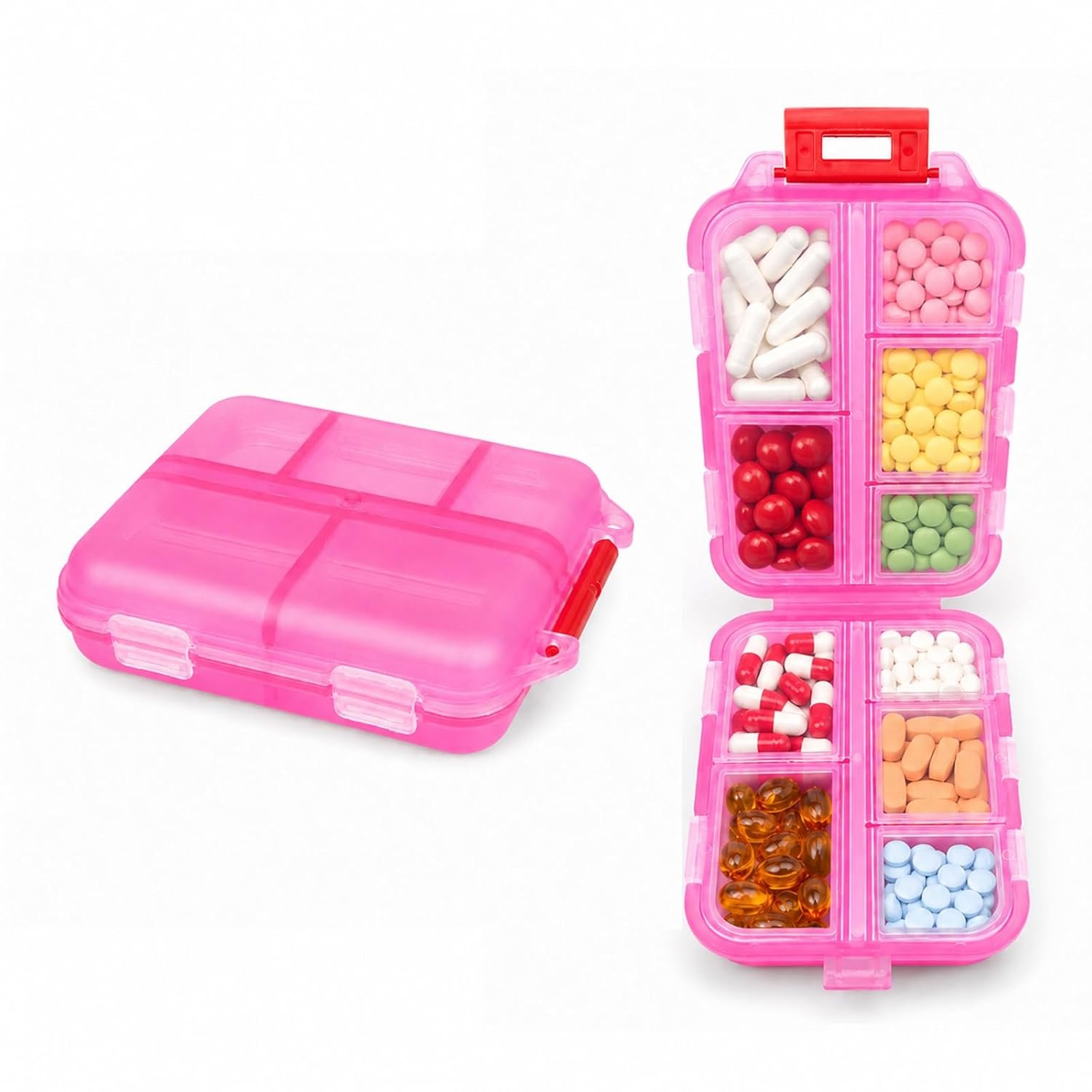 Solitude Pill Box with 10 Compartments | Medicine Box for Travel, Small Portable Pill Organizer | Tablet Box for Medicine, Vitamins & Supplements (Pink)