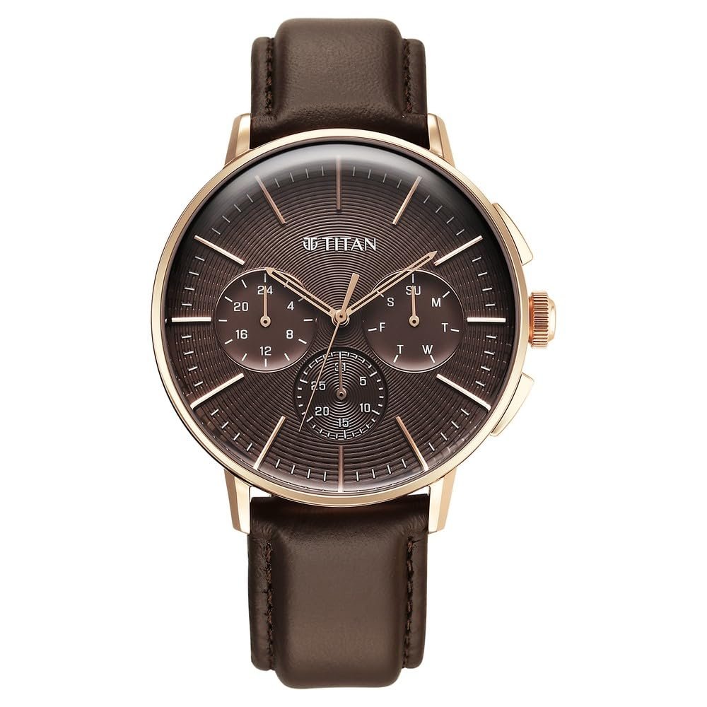 Titan Light Leathers Multifunction Brown Dial Leather Strap Watch for Men - 90200WL01