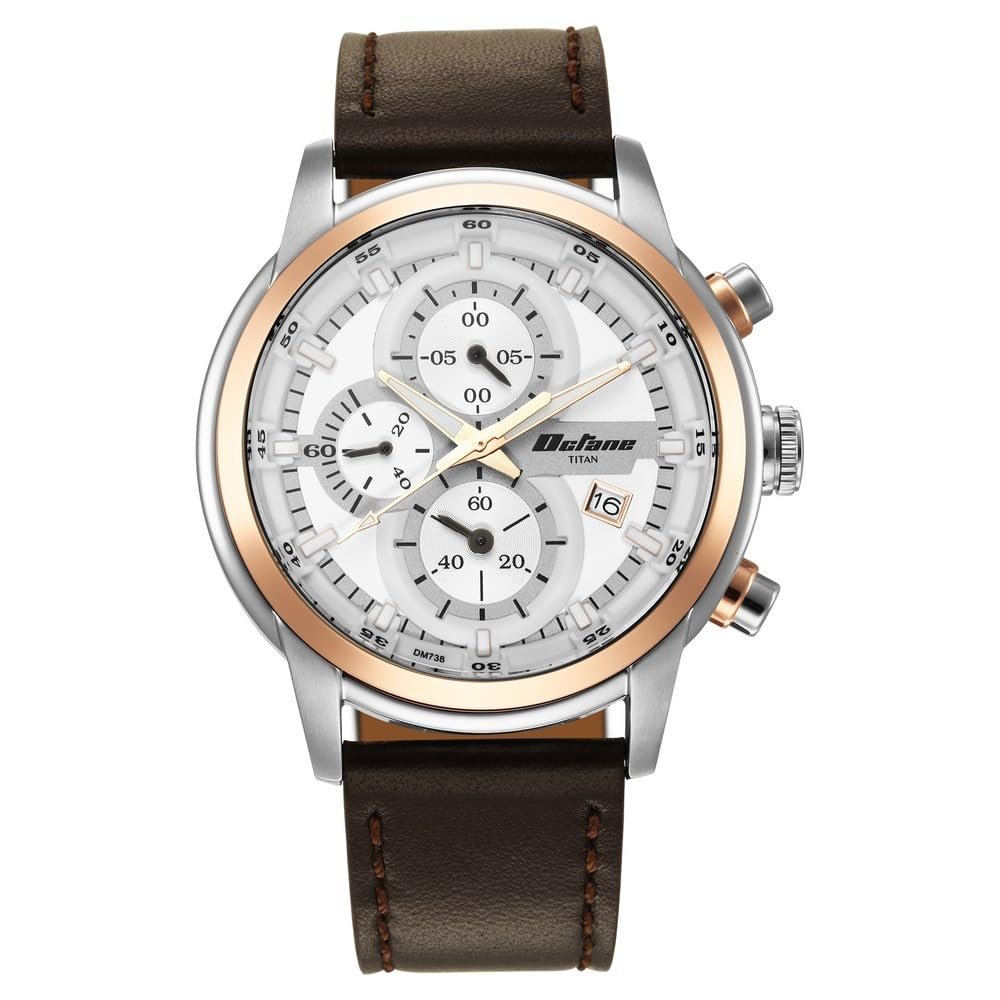 Titan Octane Quartz Chronograph with Date Silver Dial Brown Leather Strap Watch for Men - NT90086KL02