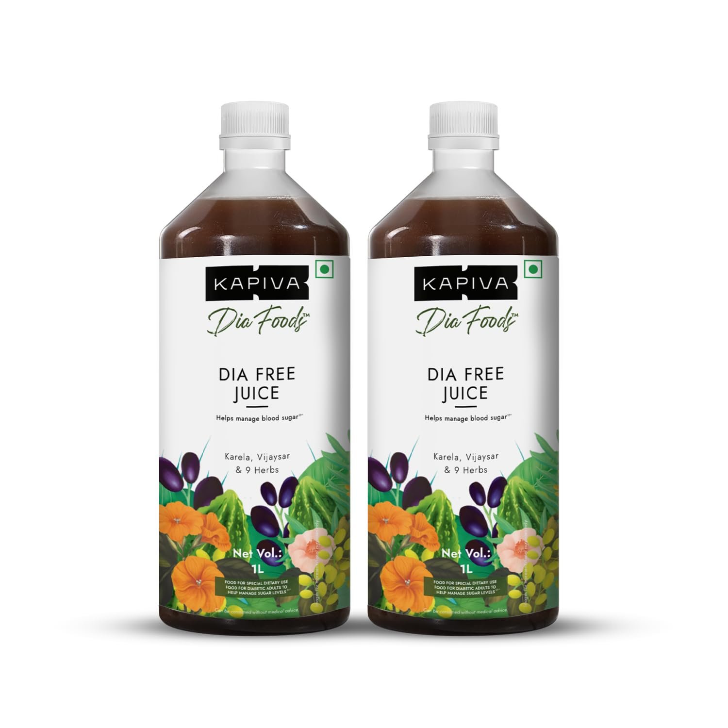 Kapiva Dia Free Juice, 1L | Clinically Proven Diabetic care | Amla, Karela, Jamun, Guduchi & 7 More (Pack of 2)