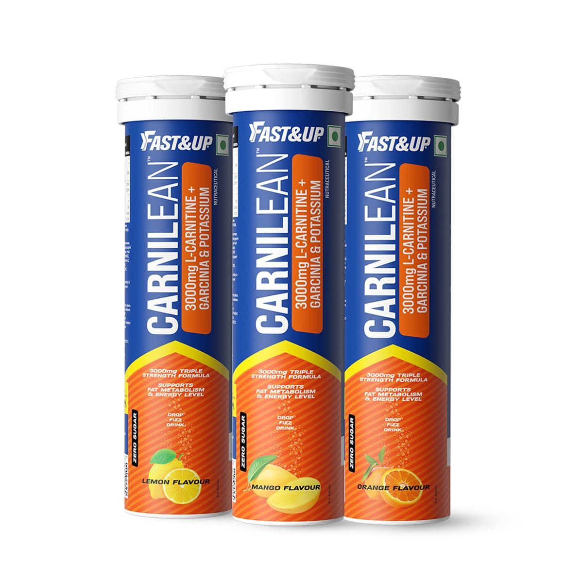 FAST&UP L Carnitine 3000mg Effervescent Tablets | Triple Action Carnitine Supplement with Garcinia Cambogia + Potassium | Fat Burner & Weight Loss | Mango, Orange & Lemon Tablets (Pack of 3)