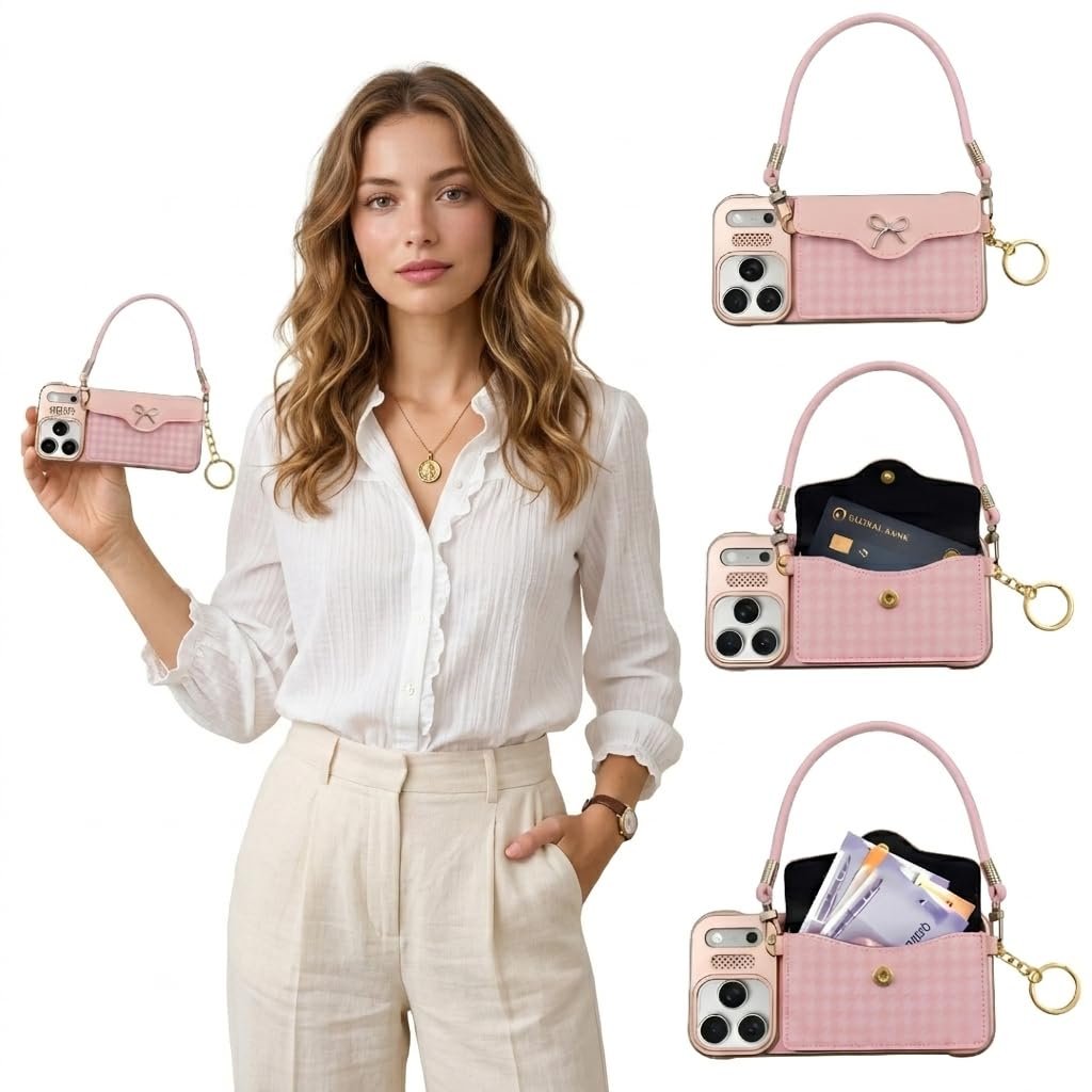 Phone Cover Crossbody Wallet, Houndstooth Cover Mini Purse with Card Holder Strap, Fashion Case for and Case for Women | Pink