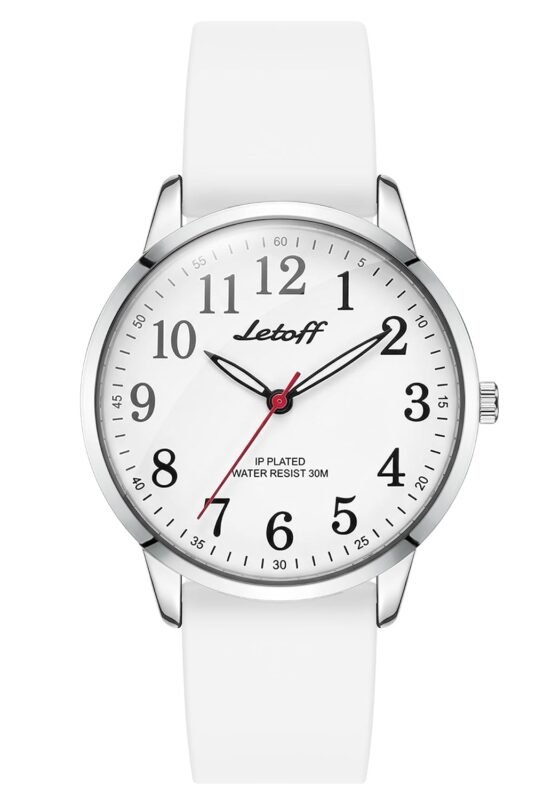 Letoff Classic Analog Watch, White Dial with Arabic Numerals, Silicone Band, 30M Water Resistant
