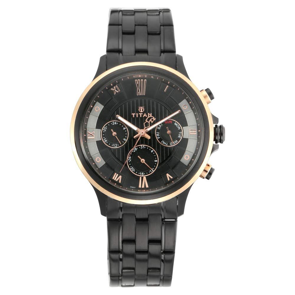 Titan Grandmaster Quartz Multifunction Anthracite Dial Black Metal Strap Watch for Men - NT1787KM02
