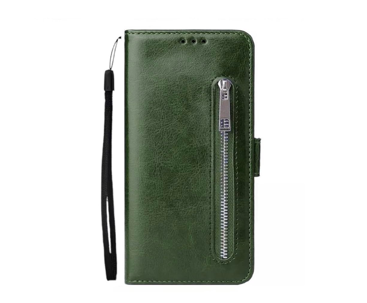 KASEQUE Compatible with Apple iPhone 16e Vegan Leather Wallet Flip Phone Case, Card Holder and Stand (Zipper Green)