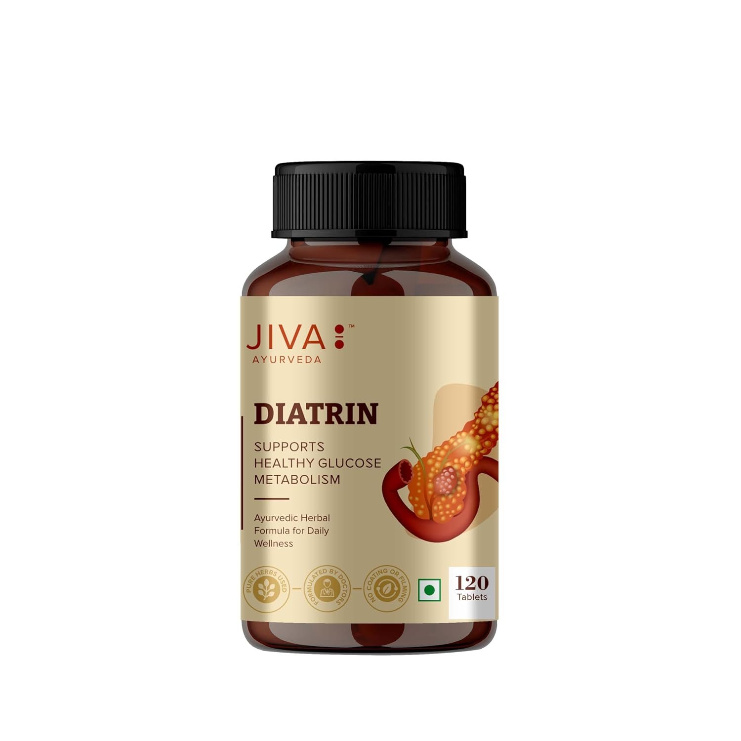 Jiva Diatrin Tablets 100% Ayurvedic Formulation | Manages Blood Sugar Levels, Improves Metabolism & Strengthens the Pancreas | Balances Tri-Dosha- 120 Tablets (Pack of 1)