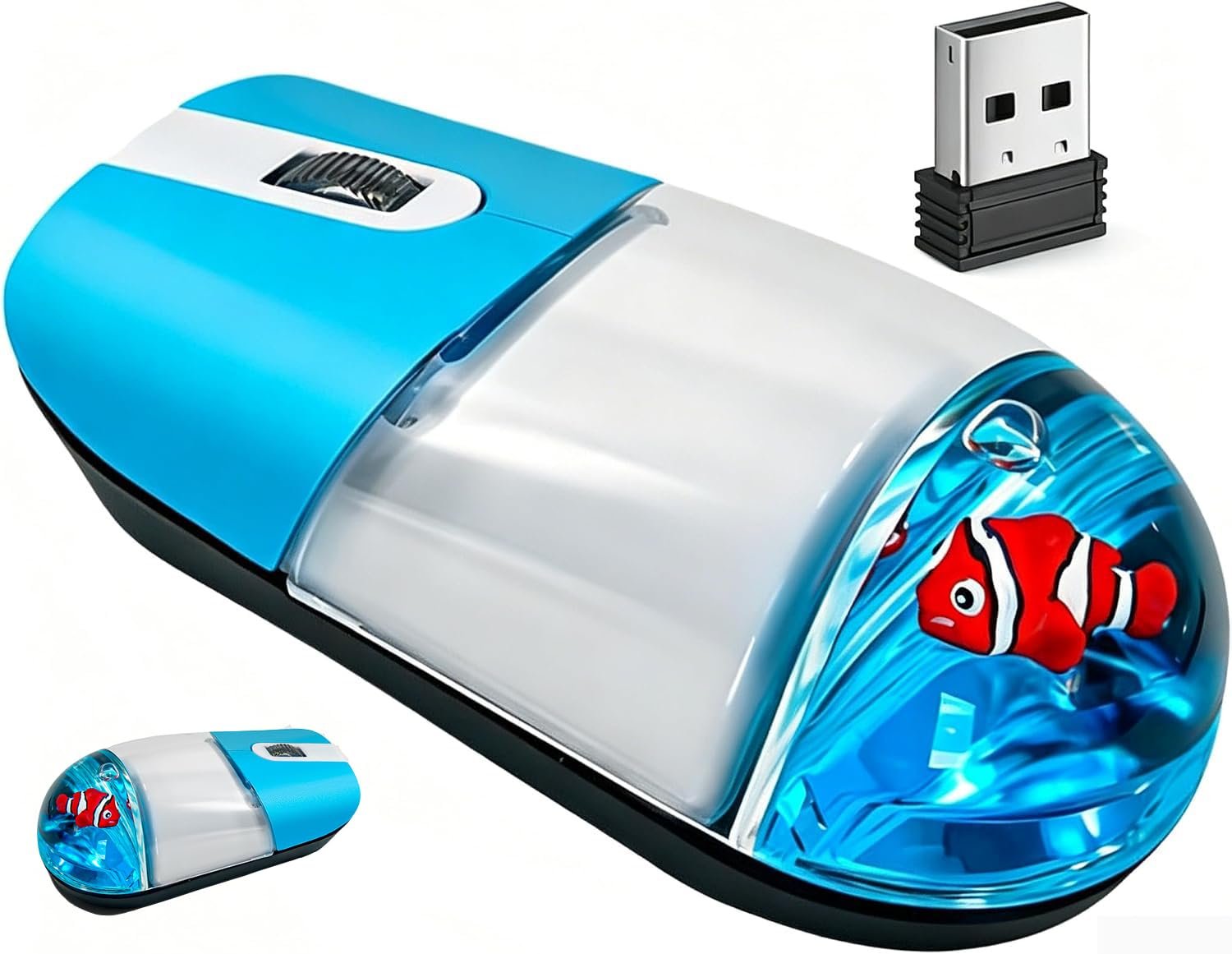 Wireless Mouse Cute Blue Aqua Water Mice Aesthetic Clear Silent Optical Portable Lightweight Retro Mice for PC Laptop Computer MacBook Kids Girl Women Gift with Liquid Water & Floater Clownfish