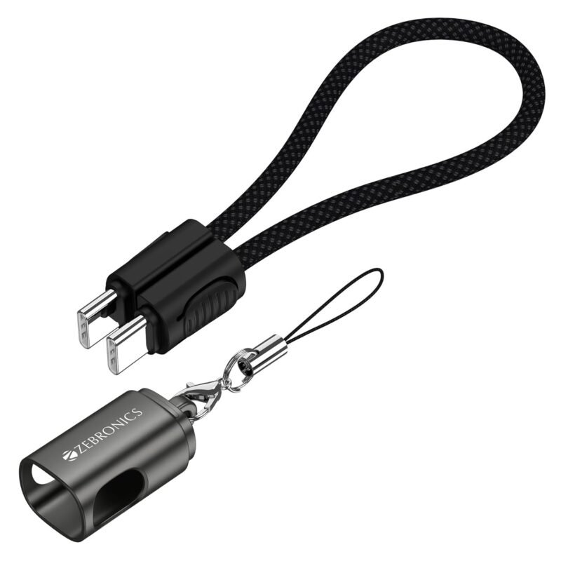 Zebronics Wattz 60CC4 Type-C to Type-C Braided Cable, PD 60W, Upto 480Mbps Data Sync, 20 cm, Durable, Charge & Sync, Rapid Charging, Compact with Keychain Case, For Laptops, Tablets, Mobiles (Black)