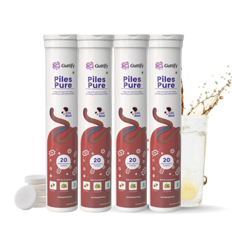 Piles Pure Cola Blast Effervescent Tablets with Nagkesar, Ashwagandha and Moringa for Piles Relief, Hemorrhoid Comfort, Swelling Ease, Gut Calmness and Routine Comfort | 20 Tablets x Pack of 4