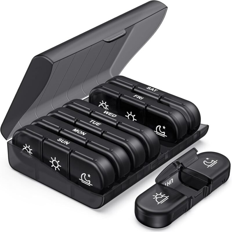 Vyctzo Weekly Pill Organizer 3 Times a Day for 7 Days, Travel Medicine Box with Morning Afternoon Night Compartments, Portable Tablet Storage Case, Weekly Medicine Organizer Box, Black (1 Pc)