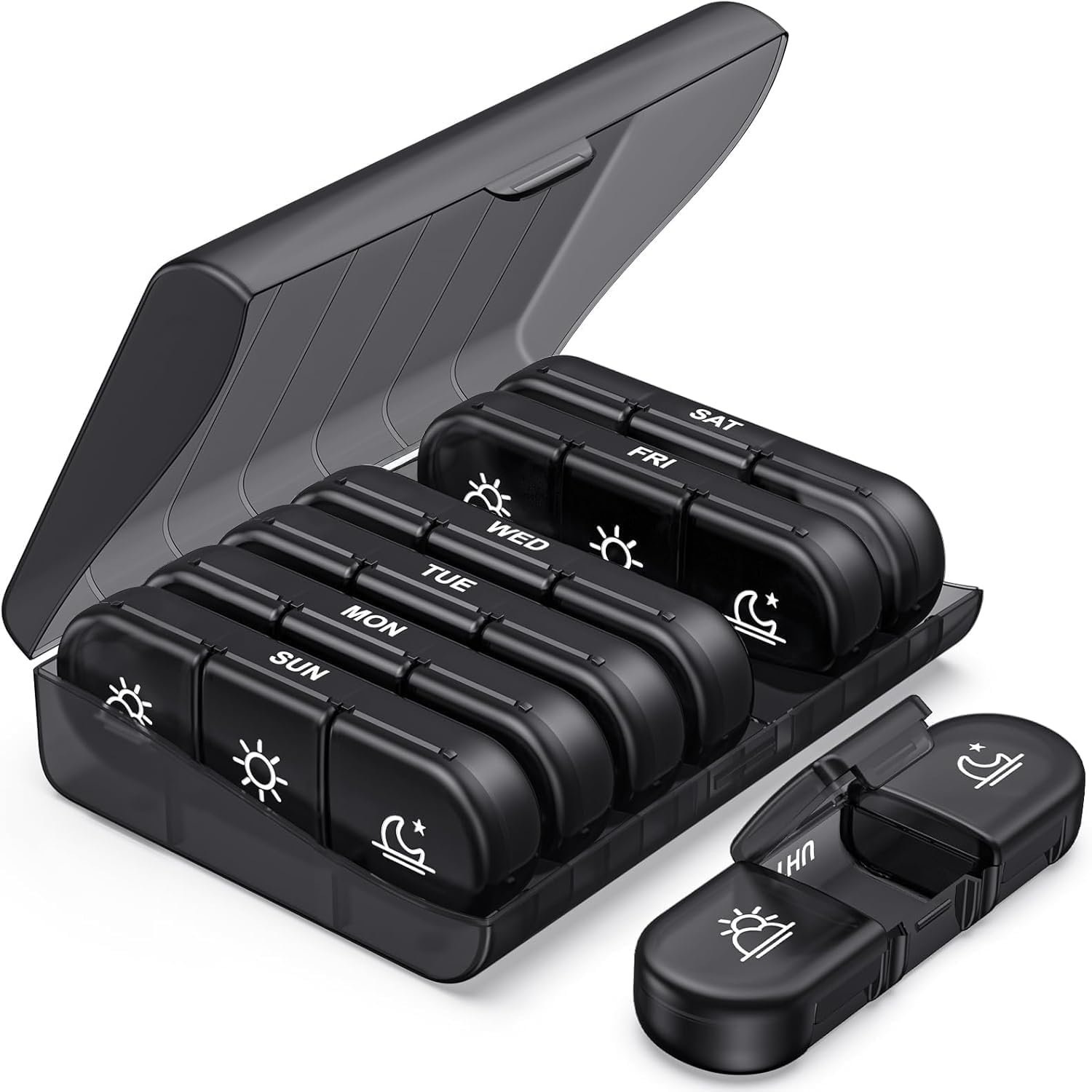 Vyctzo Weekly Pill Organizer 3 Times a Day for 7 Days, Travel Medicine Box with Morning Afternoon Night Compartments, Portable Tablet Storage Case, Weekly Medicine Organizer Box, Black (1 Pc)