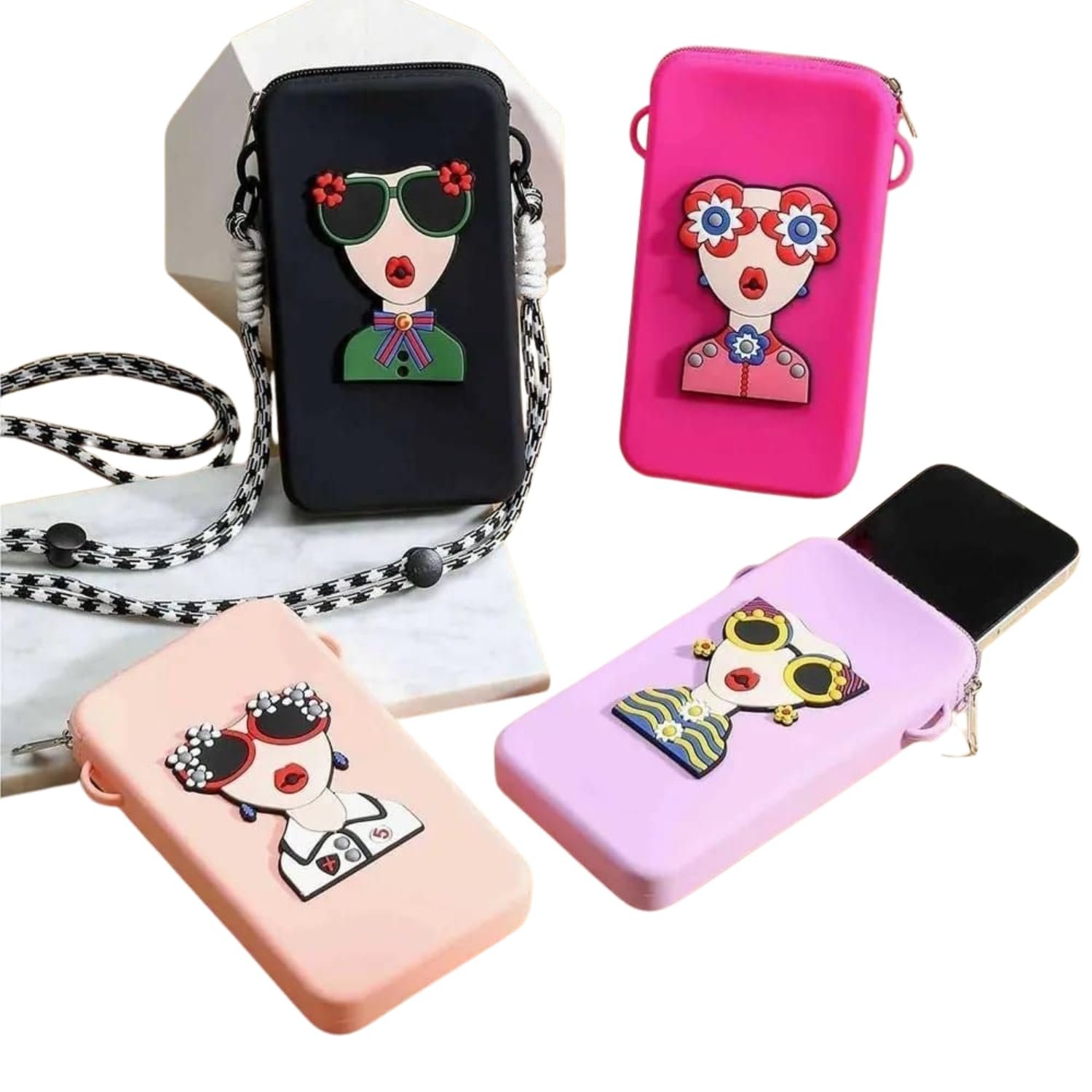 Multicolour Silicone Mobile Phone Pouch Neck Strap | Waterproof Mini Shoulder Bag for Mobile, Cash, Cards & Keys Cute Cartoon Crossbody Mobile Cover Bag for Women & Girls (Pack of 1)