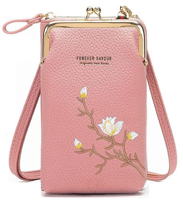 Women Sling Cross Body Wallet with Mobile Cell Phone Holder Pouch Pocket Purse Sling Bag Mini Shoulder Bags Clutch Bag with Card Slots Shoulder Strap for Womens (Pink)